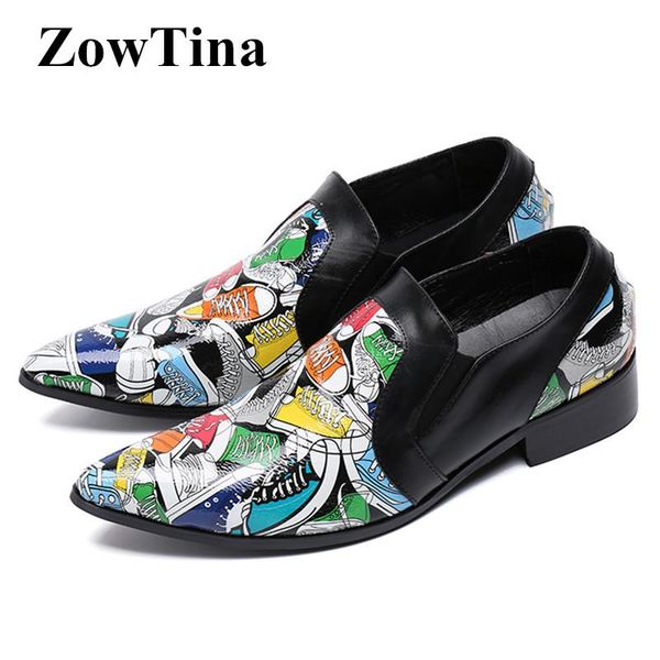 

men pointed toe formal business shoes real leather printing oxford shoes man large size 46 dress flats italian brogues zapatilla, Black