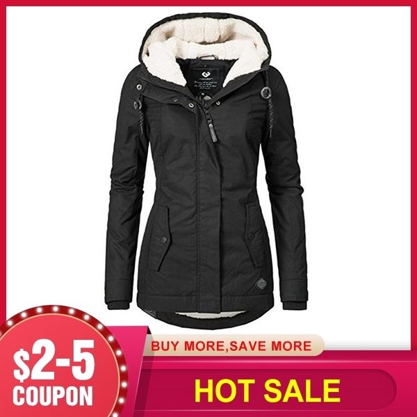 

black cotton coats women casual hooded jacket coat fashion simple high street slim winter warm thicken basic female 201102, Black;brown