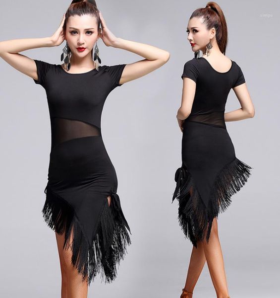 

latin dance dress short-sleeve latin dance tassel one-piece dress for women ballroom tango cha cha costumes1, Black;red