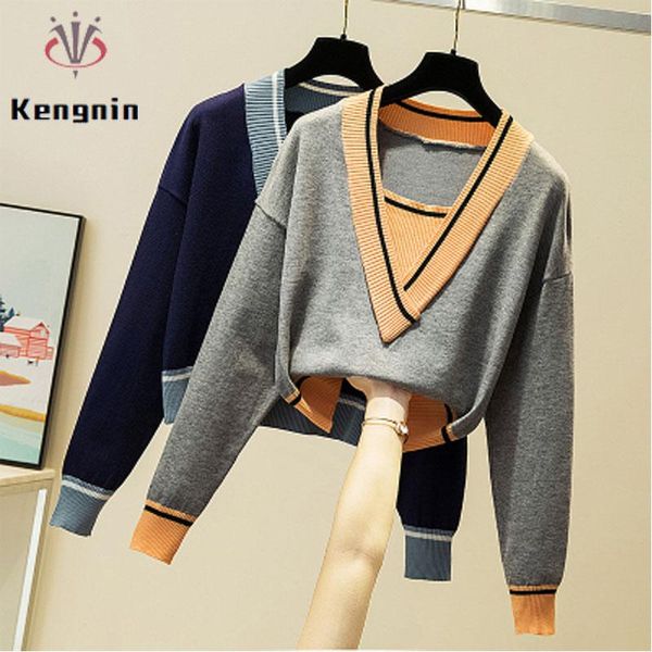 

women's sweaters gray color women winter knitted long sleeve patchwork v-neck ladies jumpers female clothes size, White;black