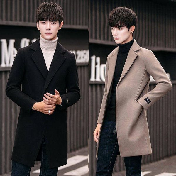 

men's duster 2020 autumn & winter korean-style fashion mid-length trench coat men slim fit handsome woolen coat's coat male, Tan;black