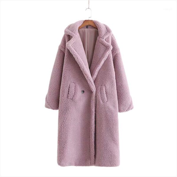 

junerain women winter faux fur warm long coat vintage long sleeve female thick teddy bear coat casual loose oversize outwears1, Black