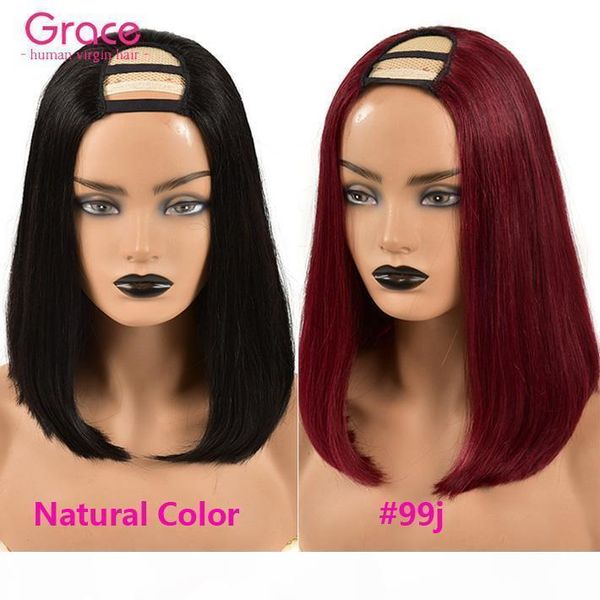 

straight u part wigs pixie cut human hair short bob wig glueless 2"x4" 150% density for black women full 99j burgundy natural wig, Black;brown