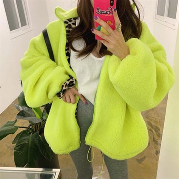 Lucyever Winter Bright Green Faux Fur Jacket Donna Streetwear Patchwork Leopard Fur Coat Woolen Warm Turn-down Collar Cappotti 201212