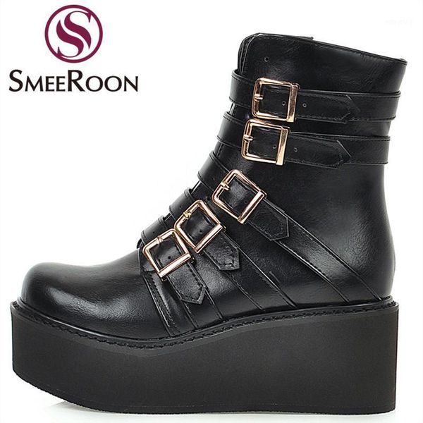 

smeeroon plus size 33-46 new platform boots round toe buckle casual shoes ankle boots for women autumn winter punk shoes1, Black