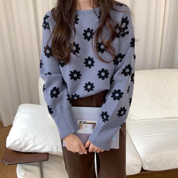 

autumn winter new lovely joker flower pattern woman sweater thick round collar pullovers sweater1, White;black