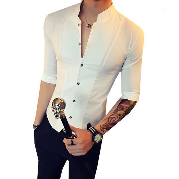 

stand collar chinese style shirt men slim fit clothes men half sleeve 2019 fashion summer solid color designer night club 1, White;black