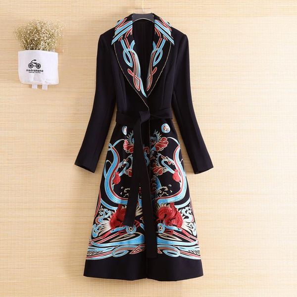 

autumn winter trench coats women outerwear vintage elegant floral embroidery slim lady overcoat female s-xl1, Tan;black
