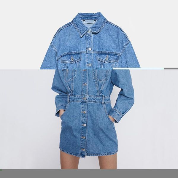 

rr solid turn down collar denim mini dresses women fashion pockets dress women elegant long sleeve dresses female ladies da1, Black;gray