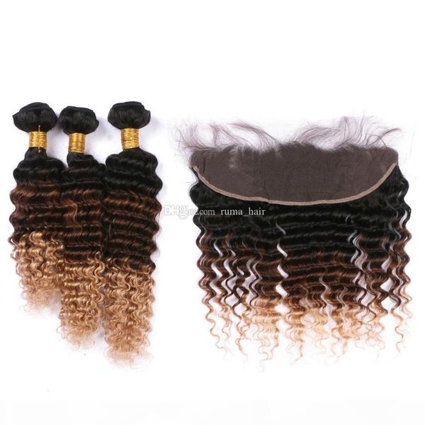 

глубоко волнистые уха до уха кружева фронтальная с honey blonde hair deep wave three tone волос 3bundles перуанских virgin утками человеческ, Black;brown