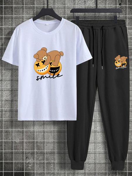 

romwe guys bear cartoon graphic tee & drawstring sweatpants l1jm#, Gray