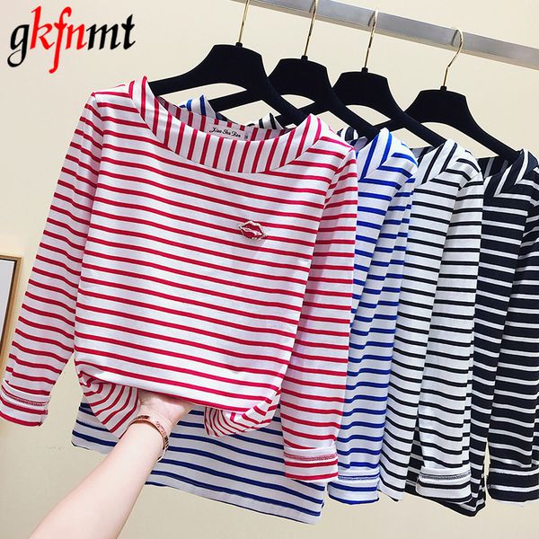 

cotton t-shirt women new autumn long sleeve o-neck female t shirt white striped casual basic classic lips poleras mujer 201125