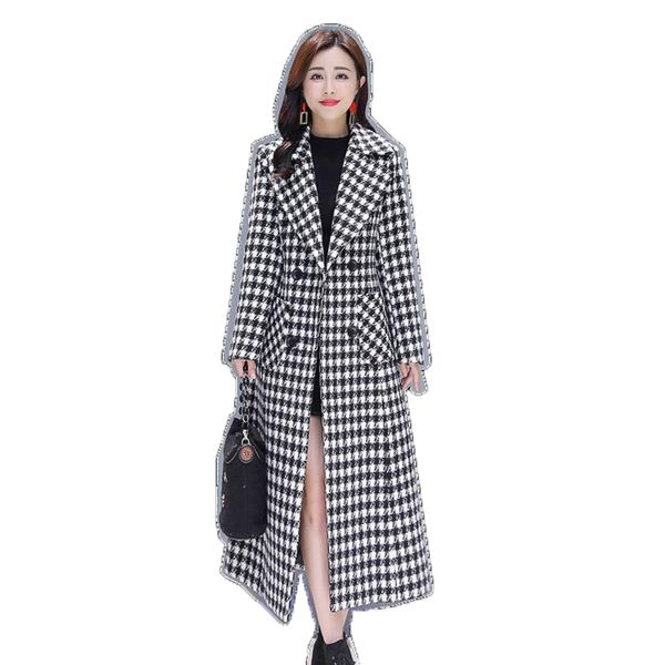 

2020 new autumn winter houndstooth women's wool coats thick quilted cotton long outerwear ol ladytrendy mujer female blend coatsx1016, Black;brown