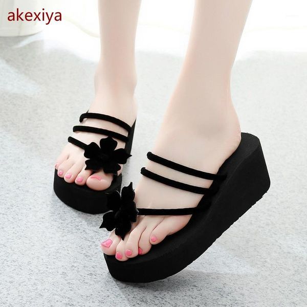

2020 new women sandals and slippers fashion women high heel thick bottom sandals and slippers flower clip toe ladies1, Black