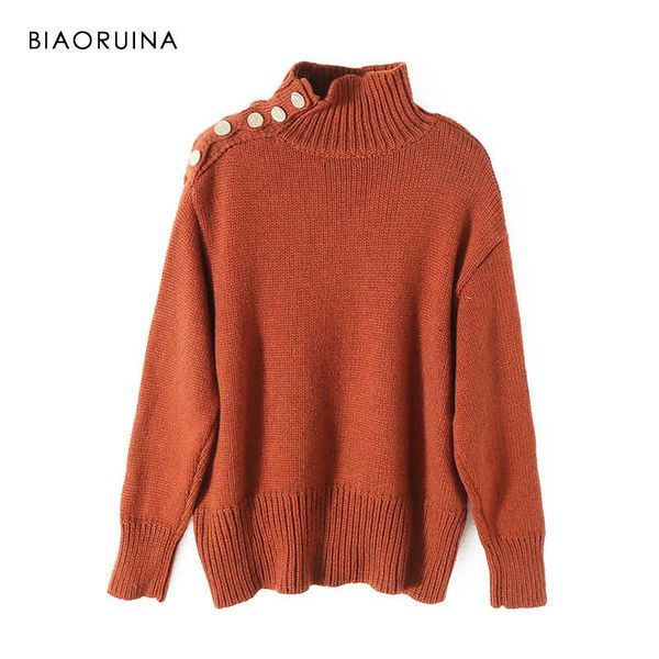

biaoruina women's oversized solid color knitted sweater office lady casual turtleneck pullover mental buttons fashion sweaters y190830, White;black