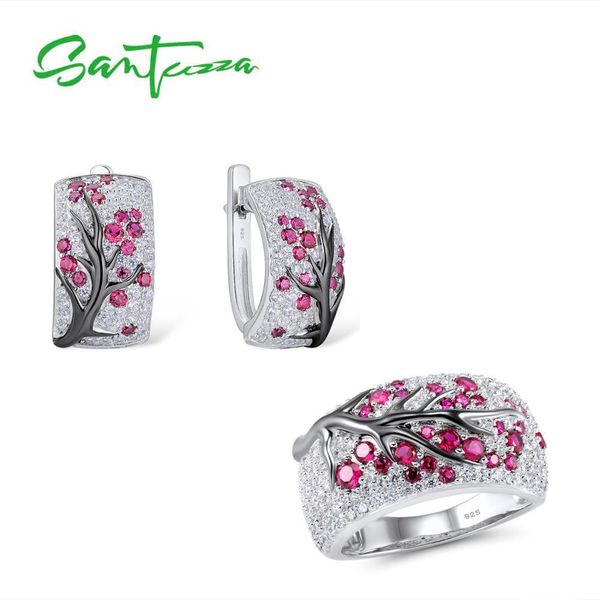 

santuzza silver jewelry set for women shiny pink tree earrings ring set 925 sterling silver fashion jewelry 200923