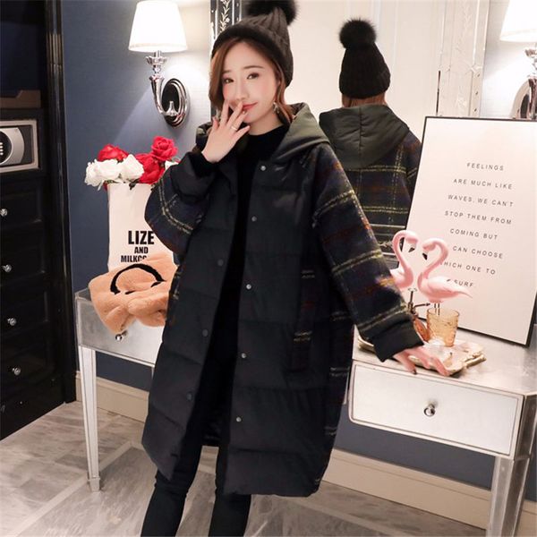 

cato plaid outrunner woman patchwork parka hooded pregnant thick wool plus fashion casual winter loose size jas lvvbd, Black