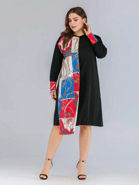 

stitching 2019 large new style cuff chain print contrast straight sleeve dress, Black;gray