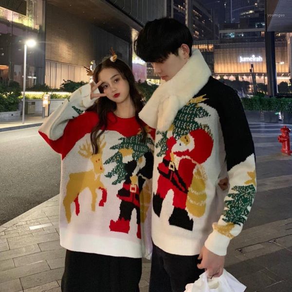 

winter new sweater coat women couple christmas sweater women korean style loose plus size pullover long femme1, White;black