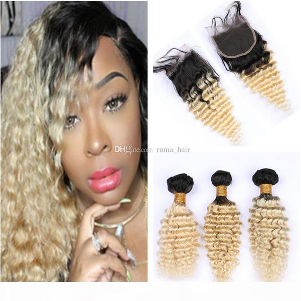 

ombre blonde bundles with closure deep wave curly blonde black roots human hair 3 bundles with closure two tone 1b 613 human hair, Black;brown