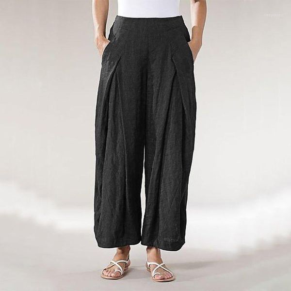

women vintage pants long palazzo 2020 celmia casual loose wide leg pants elastic waist trousers plus size pantalon femme #31, Black;white