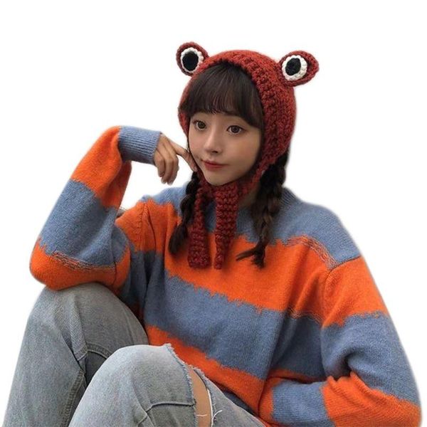 

cute frog eye weave knit skullies beanie hat solid color winter warm earflap cap, Blue;gray