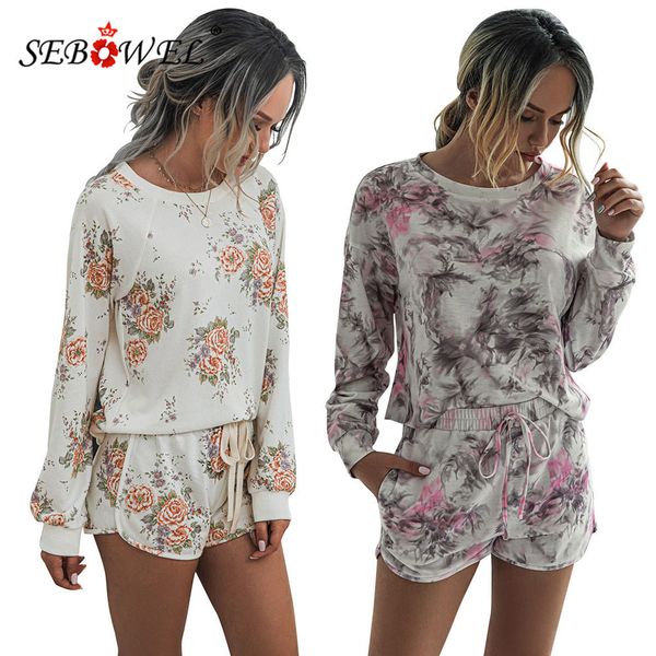 

sebowel autumn women casual loungewear set two piece suit female leopard/floral print long sleeve t-shirt shorts outfits clothes t200707, Black;red