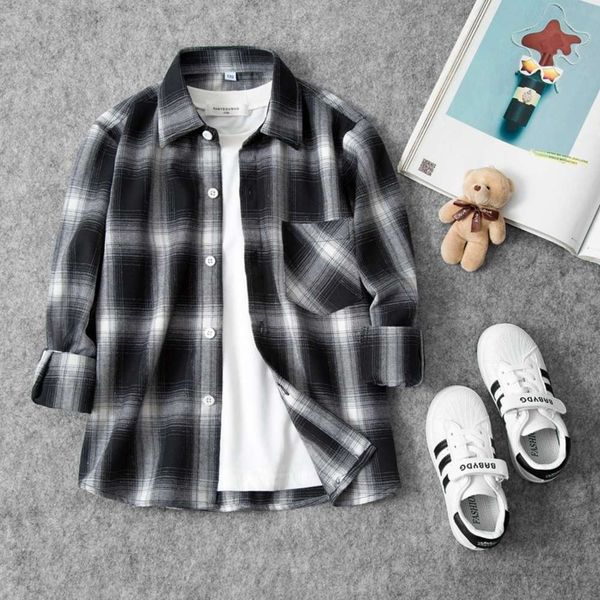 

long sve plaid boys' coat drs spring and autumn shirt children's 8-year-old fashion, White;black