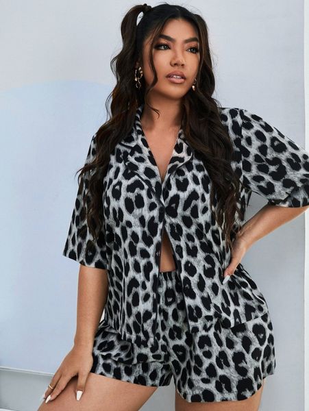 

plus leopard print blouse & shorts pj set y9ac#, Black;white