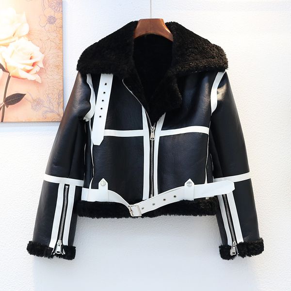 

2020 winter thick warm short lamb fur liner leather jacket women zipper motorcycle pu leather coat female casual black outerwearx1016, Black;brown