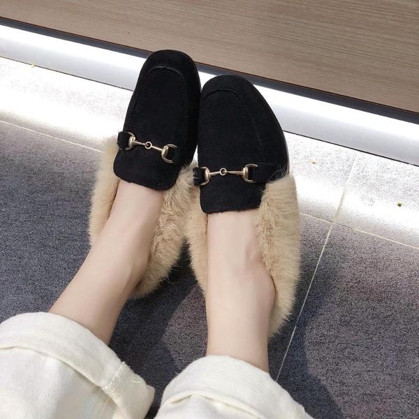 

2020 autumn winter wear metal chains flock flat loafers single shoes brushed hair shoes female comfortable casual, Black
