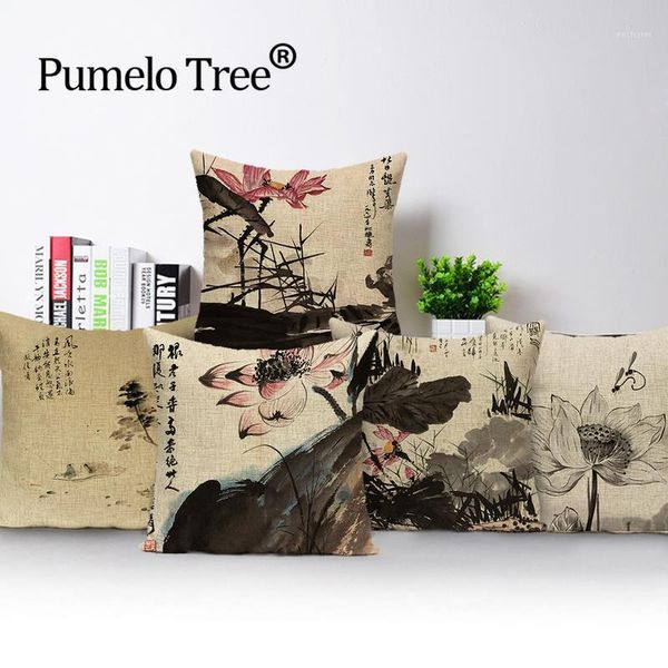 

relax cushion cover chinese style ink lotus cojines garden 45x45cm linen flower orchid lumbar throw pillow covers case cushions1