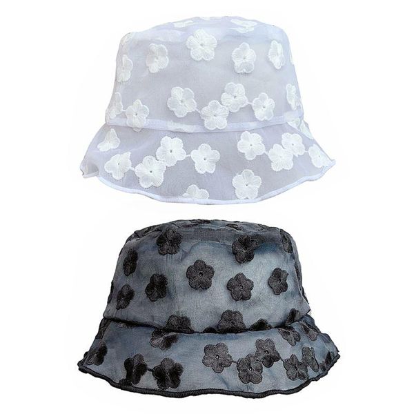 

korean women sheer lace bucket hat floral embroidery ruffles edge sun protection solid color foldable fisherman cap, Blue;gray