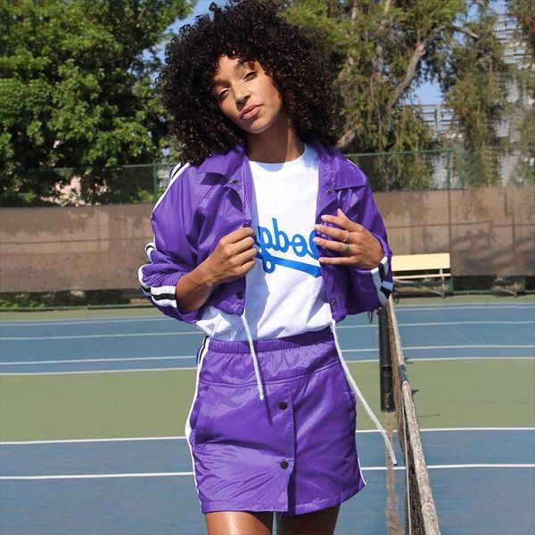 

summer purple tracksuit two piece women set long sleeve bomber jacket and mini skirt striped patchwork drawstring outfits suit1, Gray