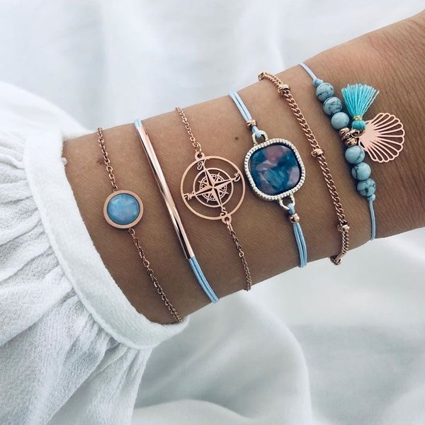 

dsdnk new tassel ocean string blue color compass bluestone personality beadedbracelet beads 6-piece new blue tassel blu ocean color compass, Golden;silver