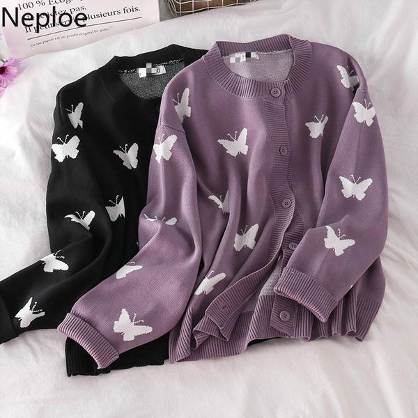 

neploe sweaters woman coat long sleeve knitted cardigan fall 2020 women clothing print butterfly loose o-neck outwear 1g692, White