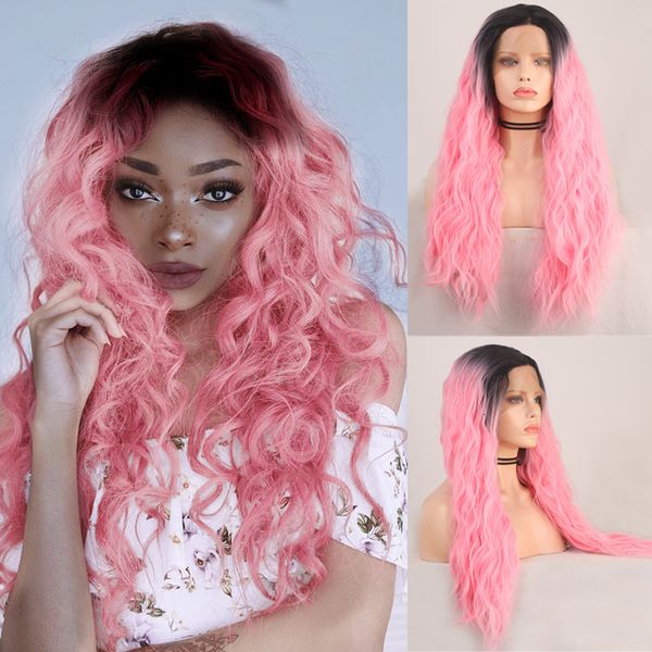 

charisma ombre pink wig long curly hair synthetic lace front wig with black roots cosplay wigs for women high temperature wigs, Black;brown