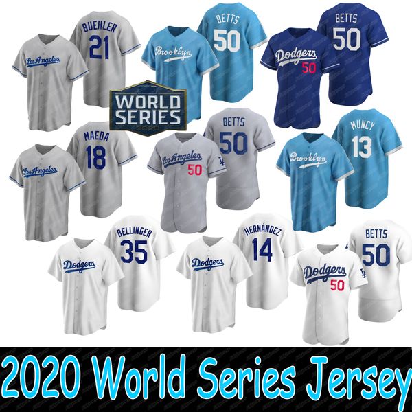 

50 mookie betts los angeles 2020 world series cody bellinger gavin lux kershaw justin turner price muncy pederson buehler aseball jersey, Blue;black