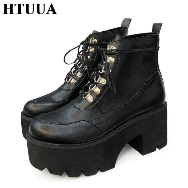 

htuua fashion women's platform boots women motorcycle ankle boots chunky heel thick bottom autumn winter shoes female sx4294, Black