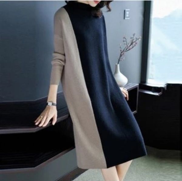 

and / winter 2020 new spring autumn large fashion contrast color splicing sleeve loose straight tube knitted dress, Black;gray