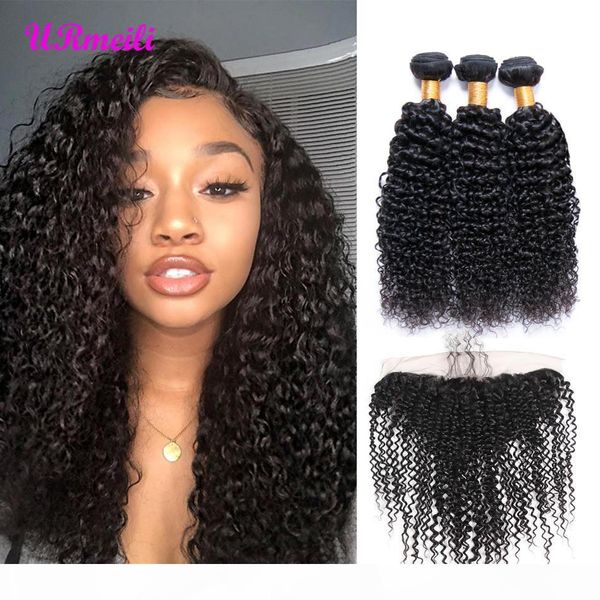 

brazilian kinky curly virgin hair bundles with lace frontal 3 4 bundles human hair with frontal brazilian remy hair extension natural color, Black;brown