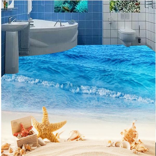 

beautiful seaside beach style floors living room 3d floor painting pvc floor wallpaper