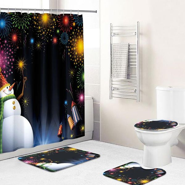 

bath accessory set christmas lovely snowman 3d printing waterproof shower curtain antiskid flannel toilet three piece bathroom with hook