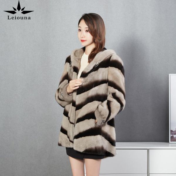 

leiouna long thick new fashion winter parker mink fur jacket women's medium long hooded korean mink coat female overcoats 201031, Black