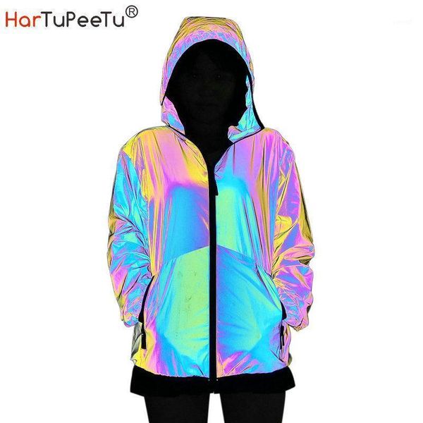 

women autumn hooded reflective jacket rainbow coat hip hop rap dance plus size zipper soft fabric girls safe wear dropshipping1, Black;brown