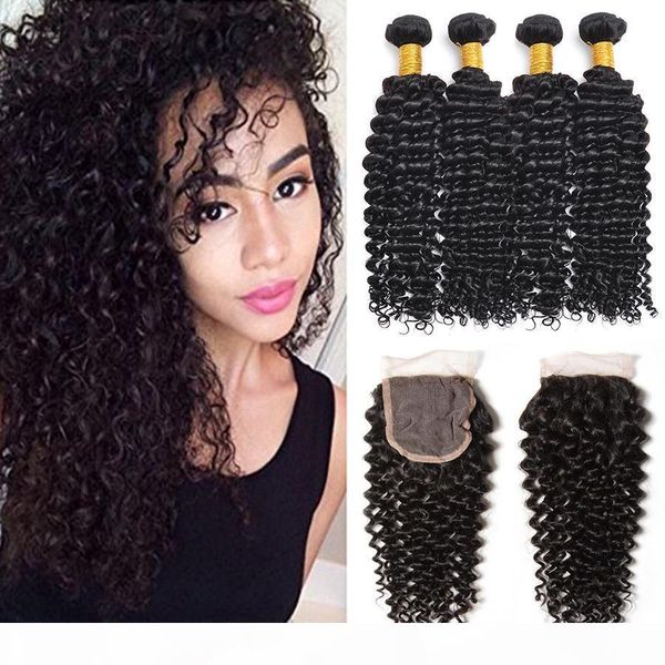 

7a unprocessed peruvian malaysian brazilian virgin hair 4 bundles kinky curly hair weave with lace closure brazilian human hair extension, Black;brown