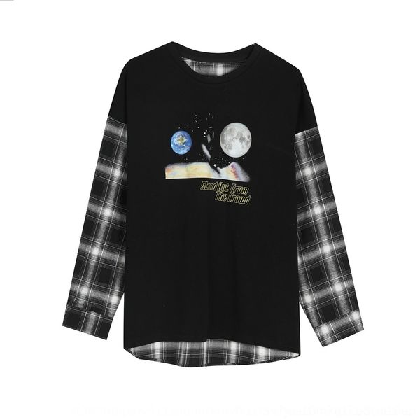 

u1ktg mtl men's korean splicing plaid moon starry sky printed pullovert-shirt neck crew casual long sleeve t-shirt pullover pullover sw, Black