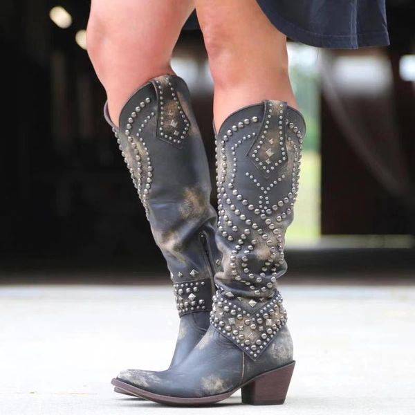

new spring 2020 comfortable thick heel mid heel rivet women's high boots, Black