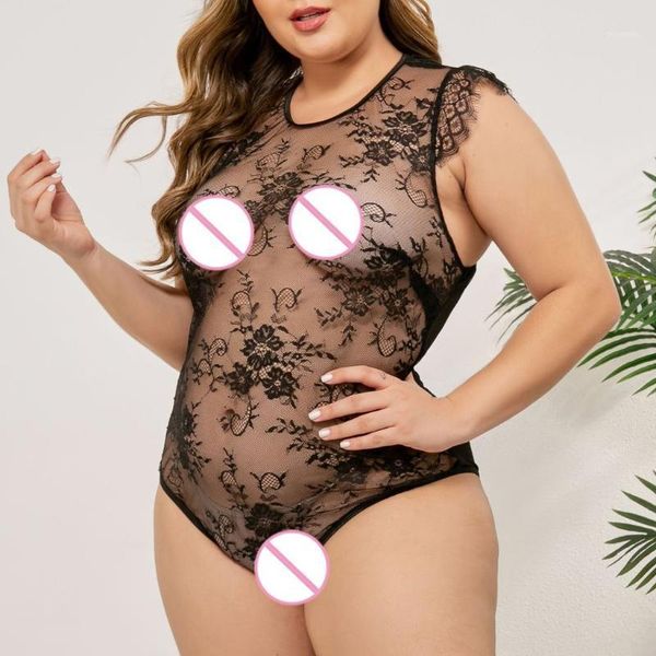 

plus size deep v neck embroidery bodysuit women strap backless transparent lace body romper summer jumpsuit sleepwear#w1, Black;white