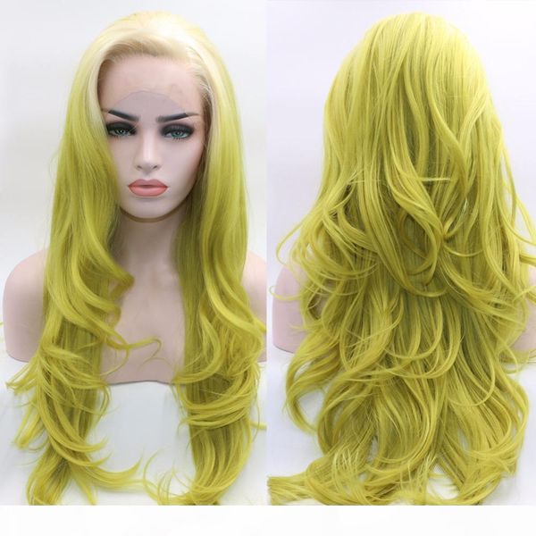 

fantasy beauty long wavy ombre lace front wig white roots ombre yellow green synthetic heat resistant full wigs, Black